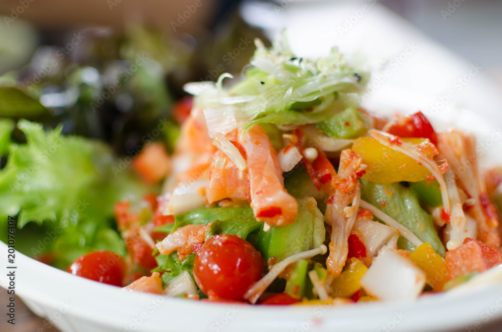 Close-up Japan style Salmon salad Close-up Japan style Salmon salad