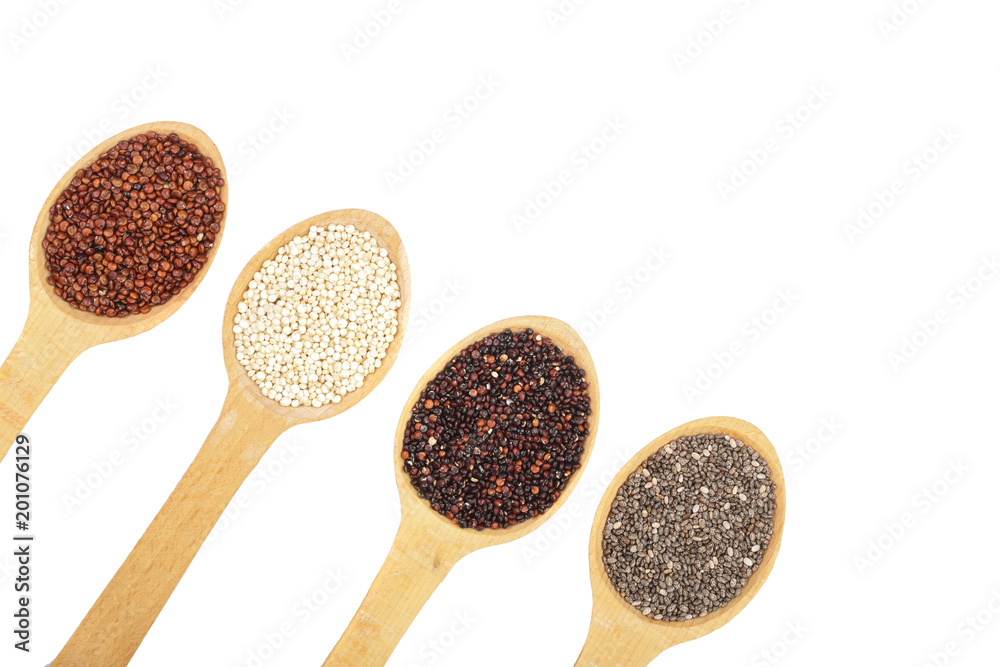 Black red white quinoa and chia seeds in wooden spoon isolated on white background with copy space for your text Black red white quinoa and chia seeds in wooden spoon isolated on white background with copy space for your text