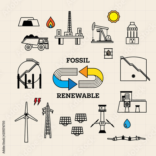fossil and renewable energy icon with simple line graphic