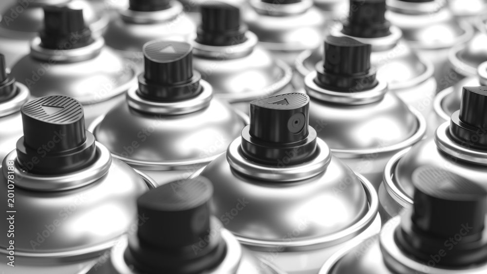 Group of aerosol paint cans. Monochrome Closeup shot Group of aerosol paint cans. Monochrome Closeup shot