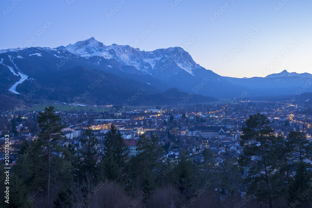 View to Garmisch-Partenkirchen at evening
