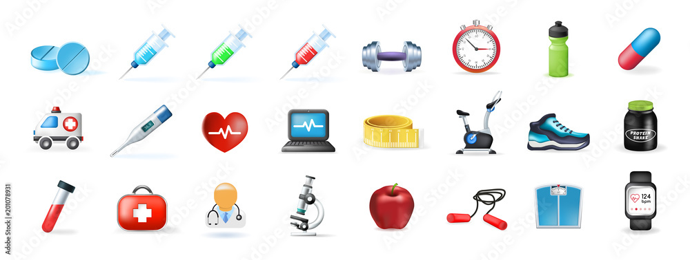 Set of Real Cute Medical and Fitness Elements on White Background . Isolated Vector Illustration 