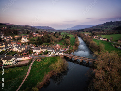 An aerial view of the Welsh Town Crickhowell and River Usk