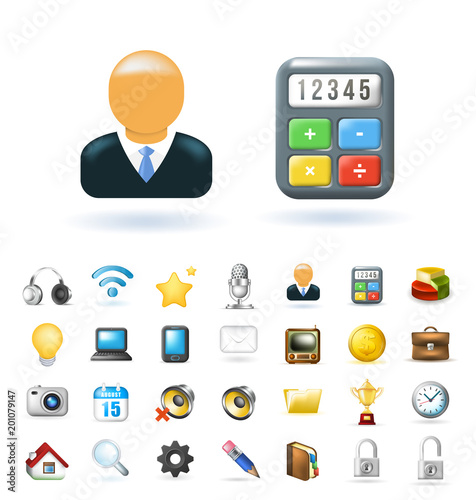 Set of Real Cute Business and Technology Elements on White Background . Isolated Vector Illustration 