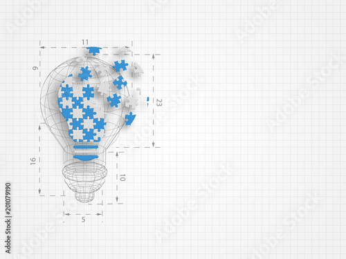 Lightbulb with ratio filled in with jigsaw puzzle pieces falling apart on grid background. Technology background. Vector illustration.