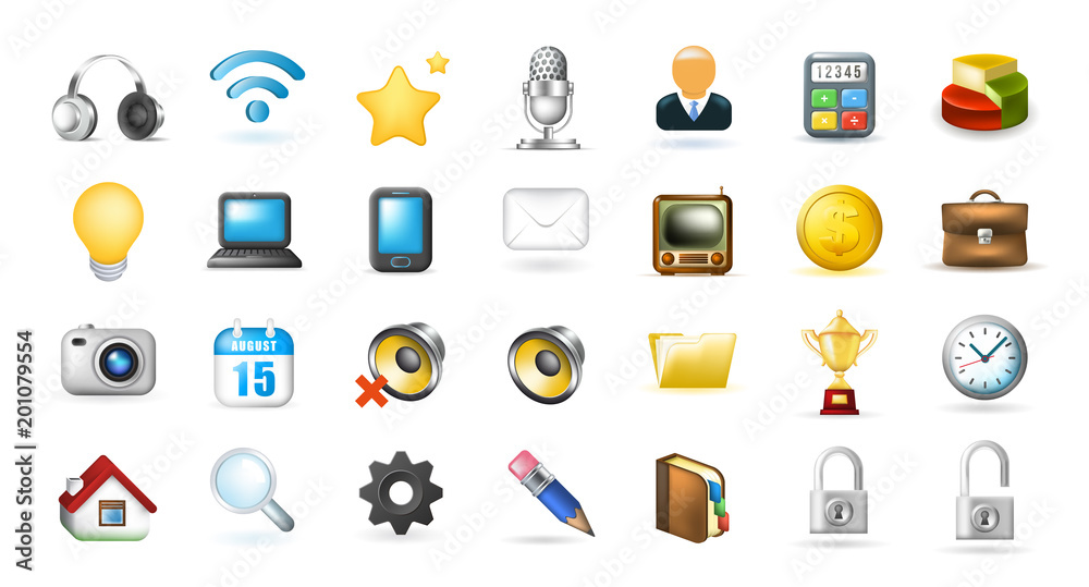 Set of Real Cute Business and Technology Elements on White Background . Isolated Vector Illustration Set of Real Cute Business and Technology Elements on White Background . Isolated Vector Illustration