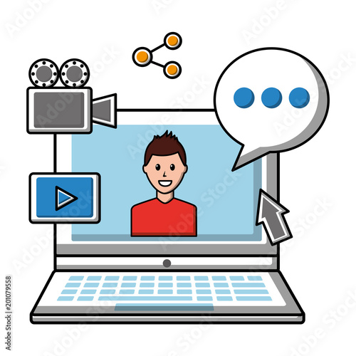 laptop avatar chat bubble social media icons vector illustration