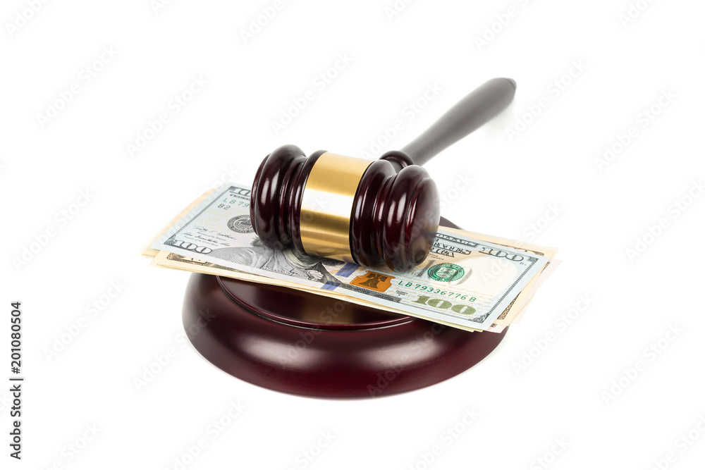 Wooden judge gavel and dollar money banknote on white background