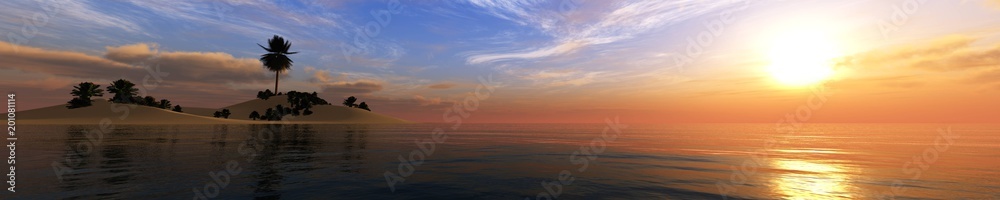beautiful sea sunset, panorama of the sea landscape sun over the water, island with a palm tree
