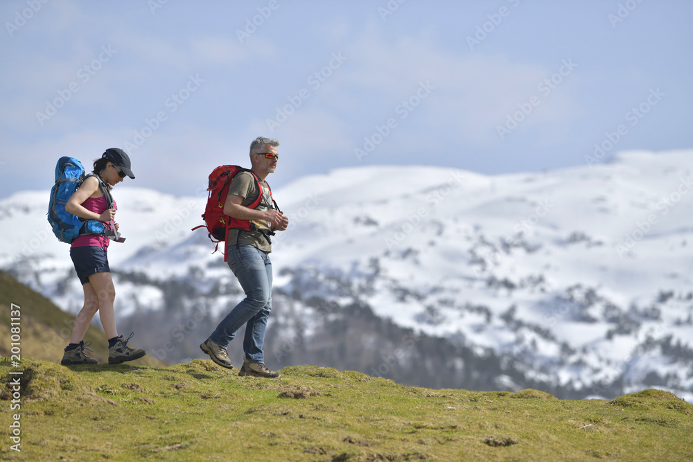 Couple of hikers walking to the mountains