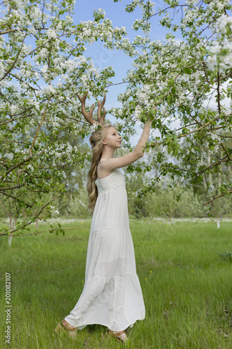 Teen beautiful blonde girl wearing white dress with deer horns on her head and white flowers in hair stays in a spring blooming garden of trees covered with white flowers. © Алексей Торбеев
