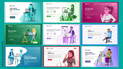 Website Design Template Set Vector. Business Project. Financial Management. Landing Page, Web, Site. Web Design And Development Architecture. Monitoring And Optimization. Cartoon Team. Illustration © PikePicture