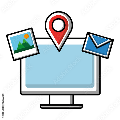 computer photo email navigation pin social media vector illustration