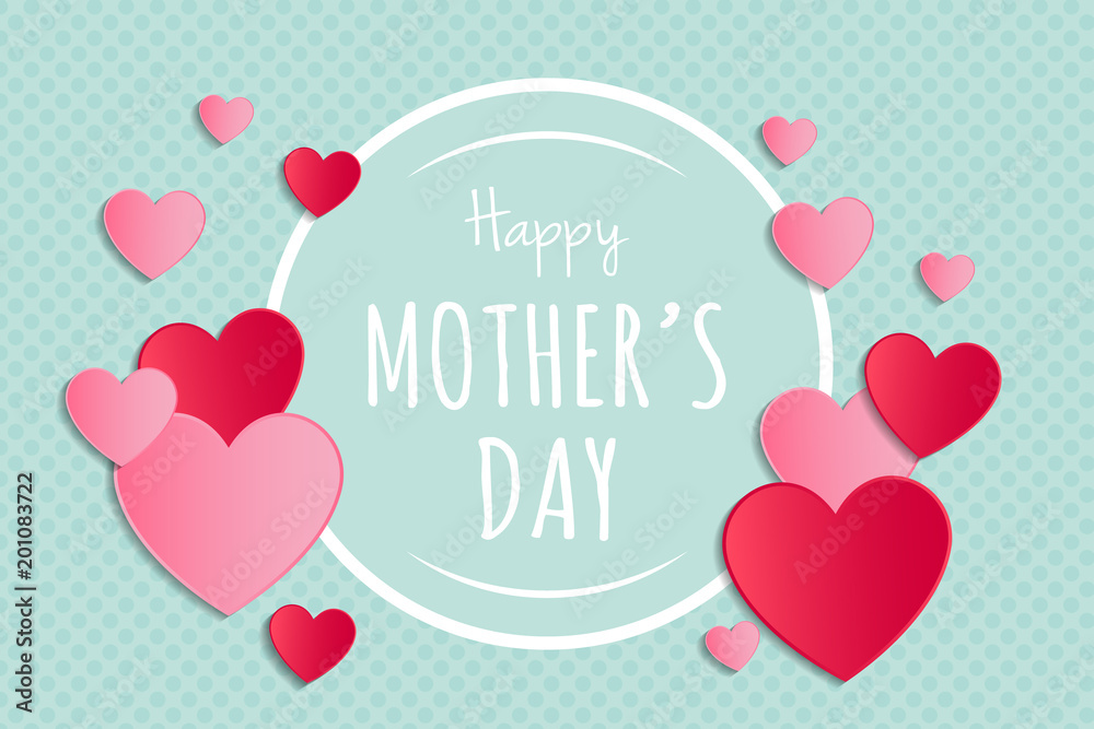 Mother's Day - poster with paper cut hearts and greetings. Vector.