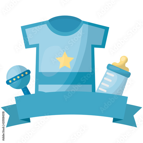 baby shower boy clothes rattle and bottle milk vector illustration
