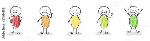 Hand drawn stickmen - concept with different facial expressions. Vector.