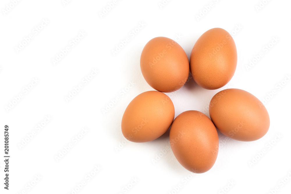 Eggs isolated on white background. Copy space for text. Top view Eggs isolated on white background. Copy space for text. Top view