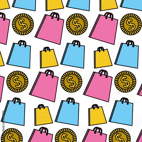 color shoppig bags and coin currency background