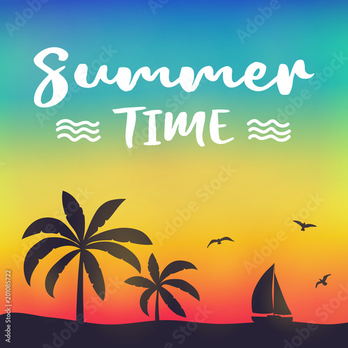 Summer calligraphy. Colourful poster with palm trees and text. Vector. © Karolina Madej