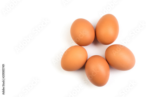 Eggs isolated on white background. Copy space for text. Top view