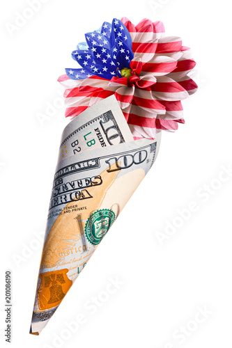 Improvised US flag from a dahlia flower wrapped in one hundred dollars