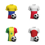 Group H Soccer shirts with national flags and football ball. 3D Rendering
