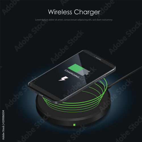 Wireless Charger infographic. Realistic modern black smartphone isolated, borderless and no home button. Charging battery on charging pad. Wireless charging technology concept .