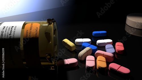 Bilde på lerret Colorful drug pills and a yellow plastic drug bottle in a dark blue light with sharp shadows, close up, symbolize drug problems and dangers, addiction, being sick