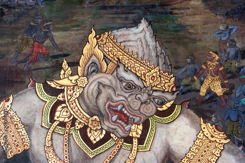 Wall paintings depicting the myth of Ramakien in the Wat Phra Kaew Palace, also known as the Emerald Buddha Temple. Bangkok, Thailand. photo