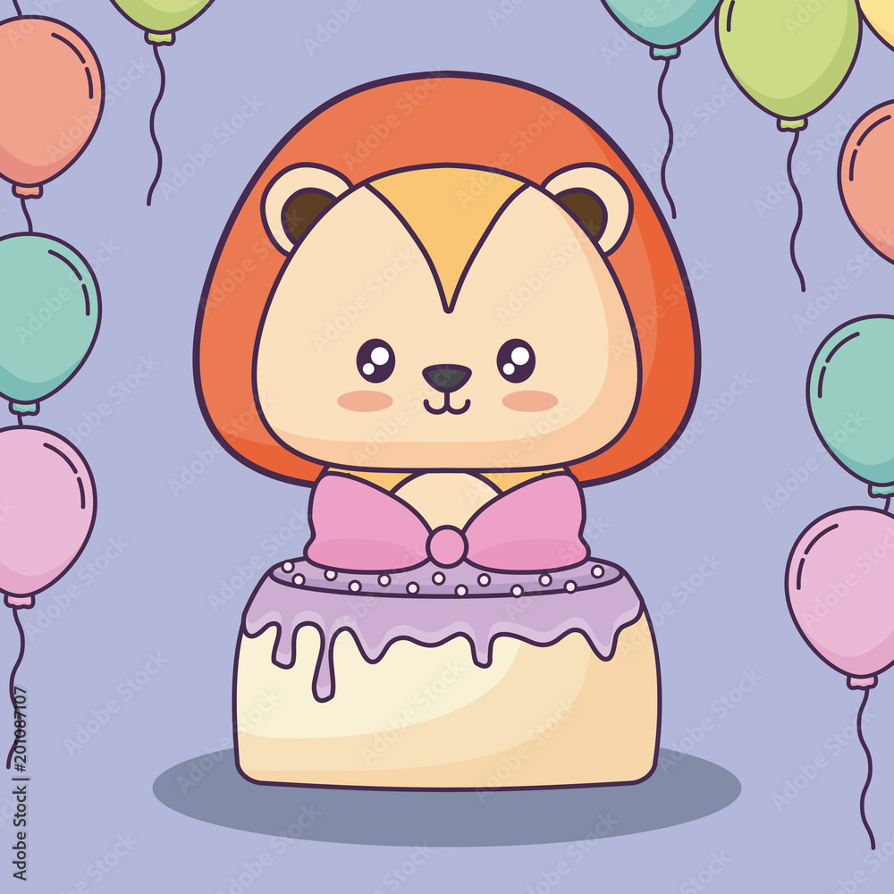 Fototapeta premium cute lion with birthday cake and decorative balloons over purple background, colorful design. vector illustration