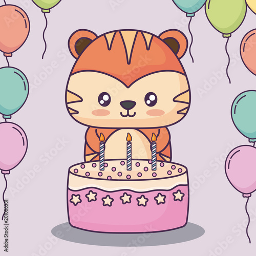 cute tiger with birthday cake and decorative balloons over pink background, colorful design. vector illustration