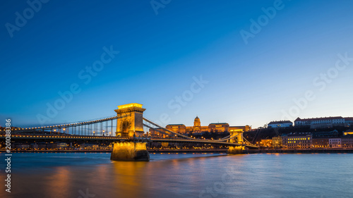 Budapest, Hungary - Skyline of Budapest with Szechenyi Chain Bridge and Buda Castle Royal Palace at blue hour and clear blue sky