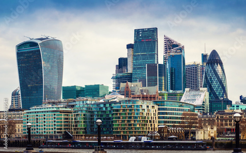 London, England - Panoramic view of Bank, London's leading financial district with blue sky and clouds