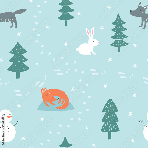 Winter seamless pattern with cute animal in forest on blue background. Hand-drawn vector illustration for your design  printed  fabric  children room or clothing.
