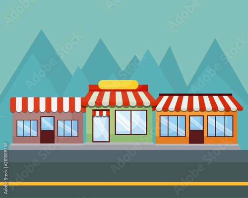 Landscape with stores and mountains, colorful design. vector illustration