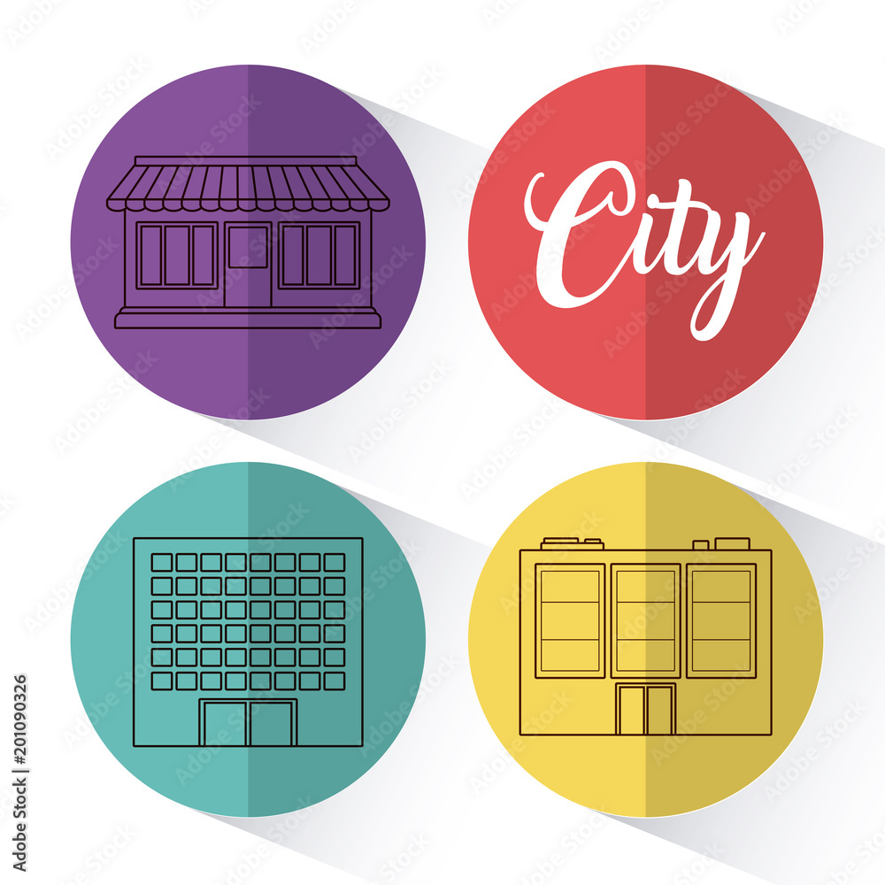 icon set of city elements concept over colorful circles and white background, vector illustration icon set of city elements concept over colorful circles and white background, vector illustration