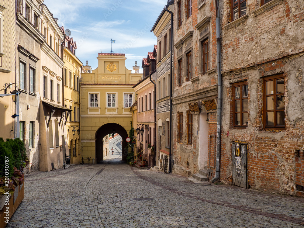 City gate and street view of Lublin city in Poland