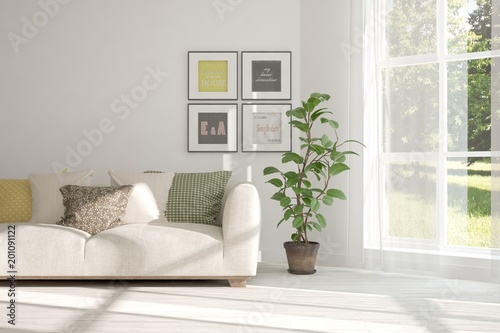 Idea of white room with sofa and summer landscape in window. Scandinavian interior design. 3D illustration