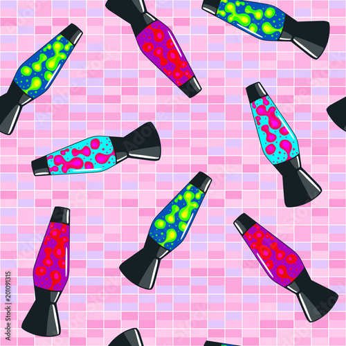 Lava lamp seamless pattern. Vector illustration. Pink background.