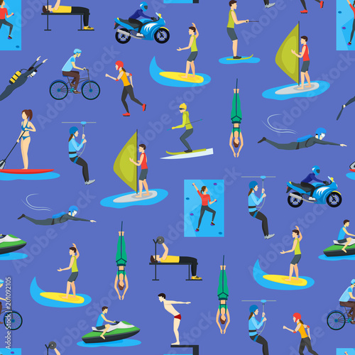 Cartoon Extreme Sports People Seamless Pattern Background. Vector