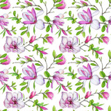 Seamless pattern, blooming magnolia and weave branches with green foliage. Illustration by markers, beautiful floral composition on a white background.