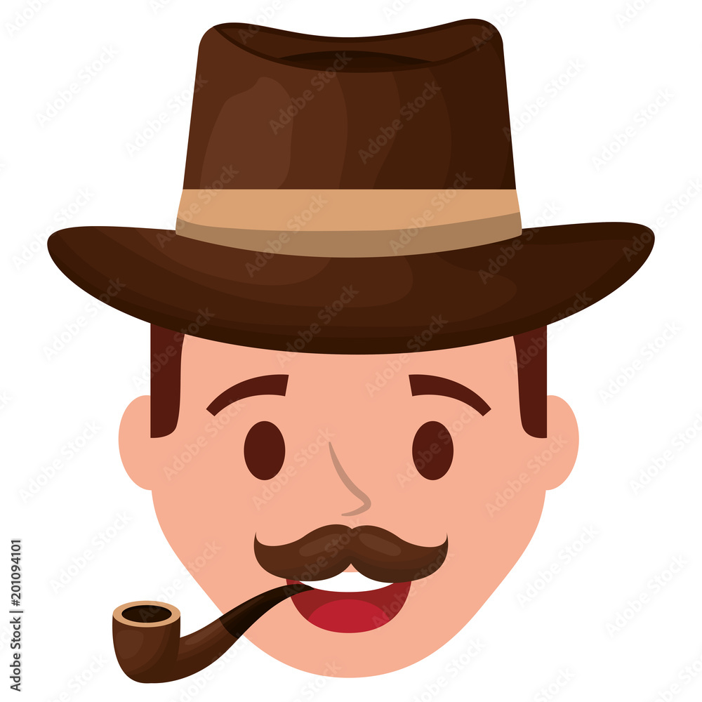 young man head with elegant hat and pipe wooden vector illustration design