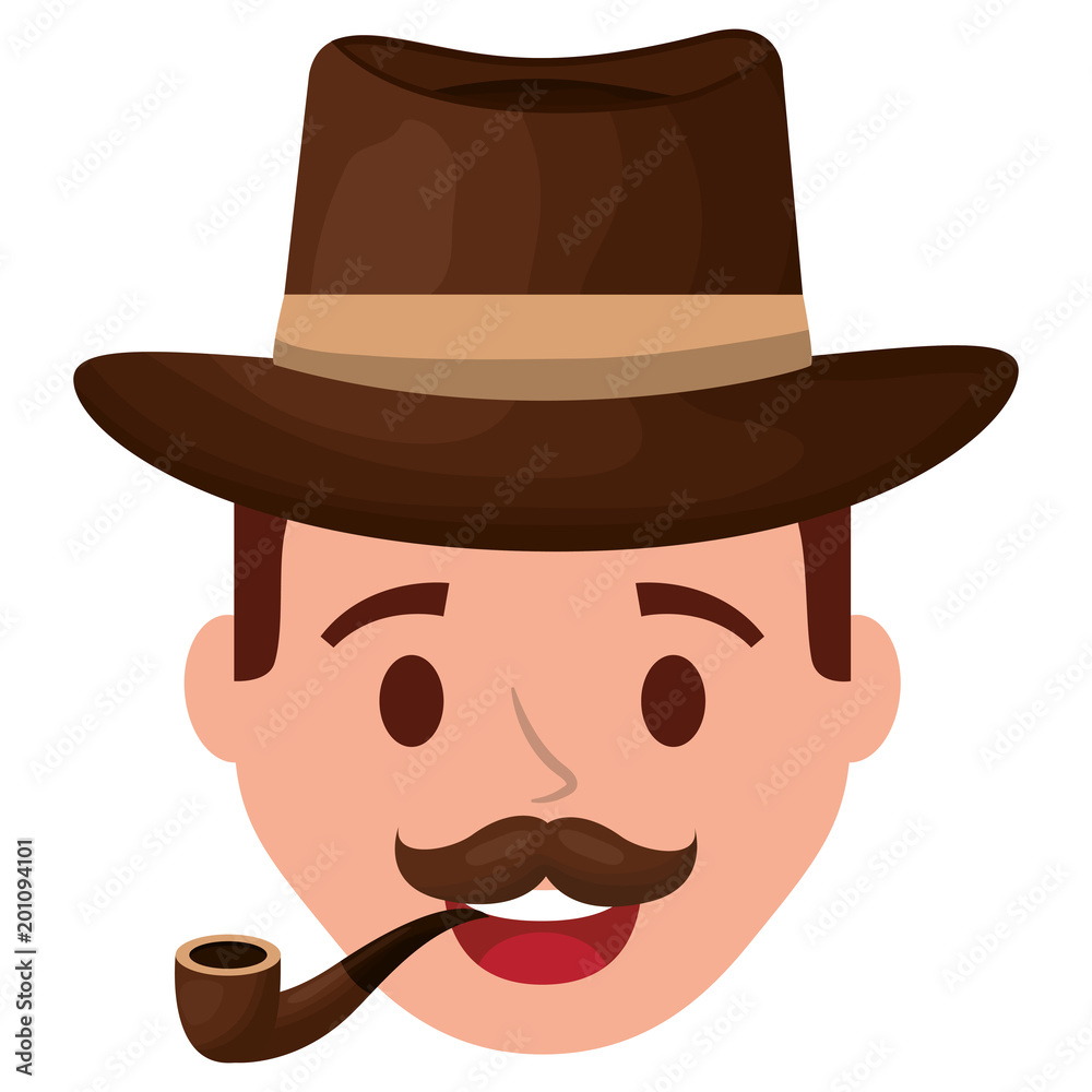 young man head with elegant hat and pipe wooden vector illustration design young man head with elegant hat and pipe wooden vector illustration design