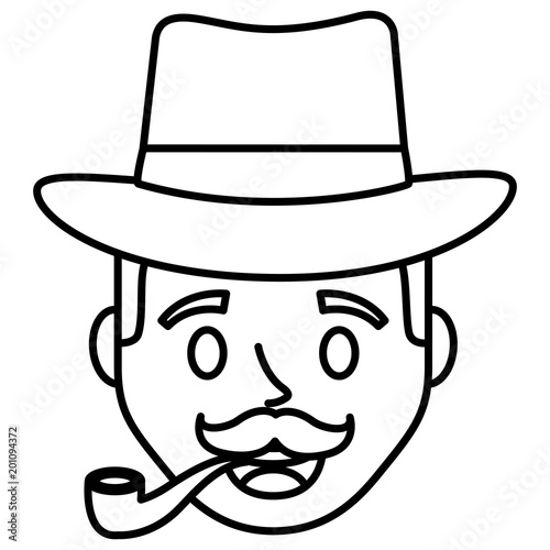 young man head with elegant hat and pipe wooden vector illustration design