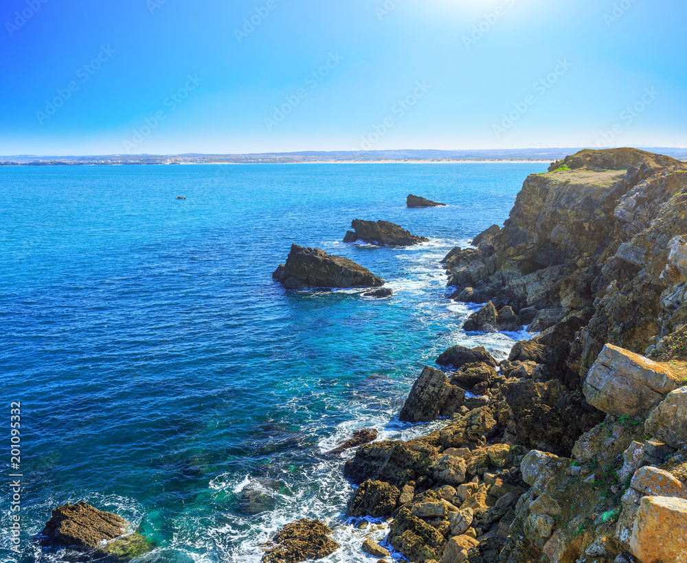 Wonderful romantic afternoon panoramic seascape. Coastline cliffs of the Atlantic ocean in Peniche. West coast of Portugal at sunny weather.