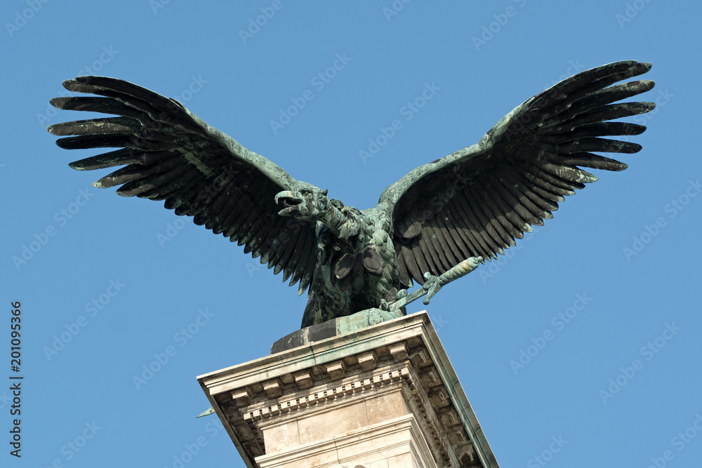 Turul bird (national symbol) monument on the Royal Castle in Budapest, Hungary