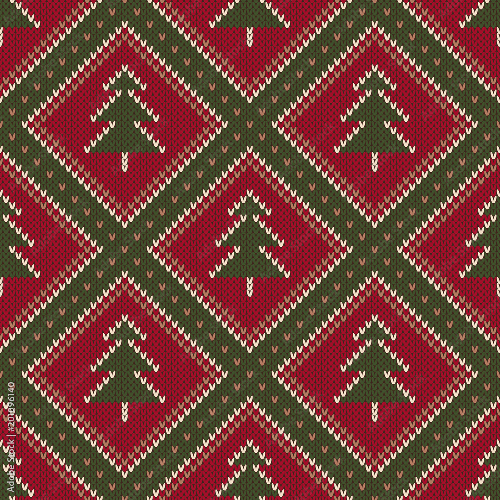 Winter Holiday Seamless Knitted Pattern with a Christmas Trees. Knitting Sweater Design. Wool Knit Texture