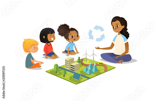 Female teacher discusses ecology Green-city using model landscape, children sit on floor in circle and listen to her. Preschool activities and early childhood education. Vector illustration