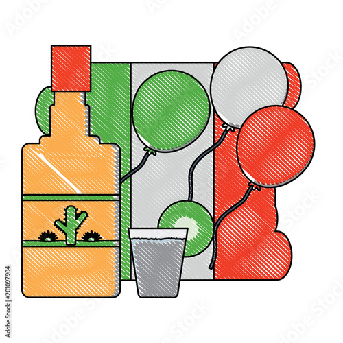 flag of mexico tequila bottle and shot icon over white background, colorful design. vector illustration