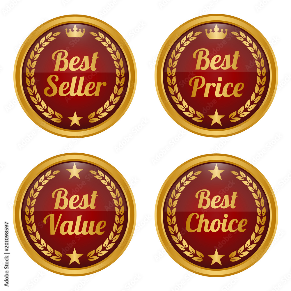 Collection of golden and red badges on white background. Collection of golden and red badges on white background.